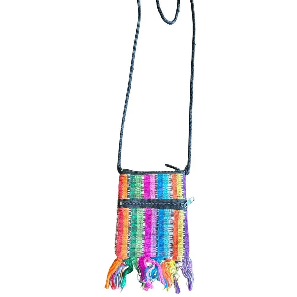 Boho Rainbow Handwoven Crossbody Passport Bag Small Fringed Pouch